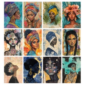 May include: A collection of twelve watercolor portraits of Black women. Each portrait features a woman with a vibrant head wrap or floral crown. The artwork showcases a variety of skin tones and expressions, with a focus on beauty and cultural representation.