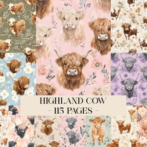 Könnte beinhalten: Eine Sammlung von gemusterten Papieren mit Highland-Rindern auf floralen Hintergründen. Der Text "HIGHLAND COW - 115 PAGES" ist zu sehen. Die Papiere zeigen verschiedene Kuh-Illustrationen in verschiedenen Farben.