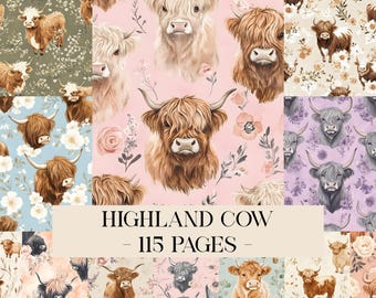 Highland Cow Junk Journal Pages, Watercolor Cow Digital Papers, Cute Highland Cow Pattern, Cowgirl Patterns, Cow Background Scrapbook Papers