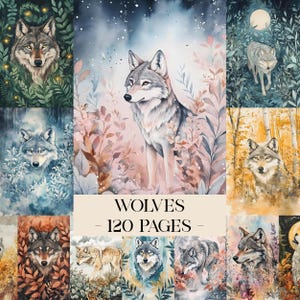 May include: A collection of watercolor illustrations of wolves in various settings. The images feature wolves in different poses, surrounded by foliage and natural elements. The text "WOLVES - 120 PAGES" is displayed in the center.