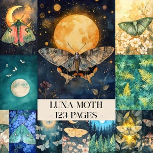 May include: A collage of watercolor illustrations featuring moths and moons. The central image showcases a large moth with detailed wing patterns against a night sky with a full moon. The text "LUNA MOTH - 123 PAGES -" is displayed below the central image.