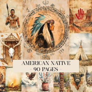 Könnte beinhalten: Eine Collage von Aquarellillustrationen mit dem Thema amerikanischer Ureinwohner. Die Bilder zeigen eine indianische Frau im Profil, einen Krieger, ein Tipi, einen Handabdruck und andere kulturelle Symbole. Der Text "AMERICAN NATIVE - 90 PAGES" wird angezeigt.