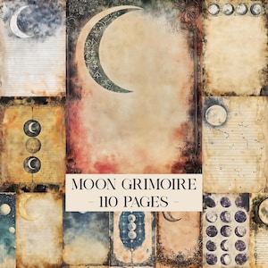 May include: A collection of vintage-style pages with celestial and moon-themed illustrations. The central image features a large crescent moon with symbols. The text "MOON GRIMOIRE - 110 PAGES" is displayed on a cream-colored banner.
