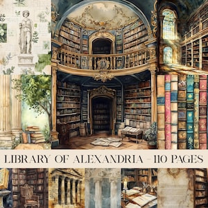Op de afbeelding: Waterverfillustratie van een bibliotheekinterieur met boekenkasten, een balkon en een grote boogvormige deuropening. De afbeelding bevat een standbeeld, zuilen en de tekst "LIBRARY OF ALEXANDRIA - 110 PAGES". Het kleurenpalet wordt gedomineerd door blauw, bruin en goud.