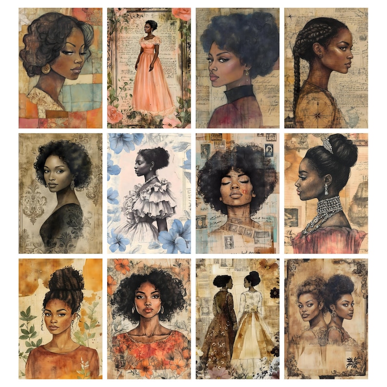 May include: A collection of watercolor portraits of Black women. Each portrait features a different hairstyle and attire, set against vintage-style backgrounds with floral and script elements. The color palette includes warm tones of orange, brown, and peach.