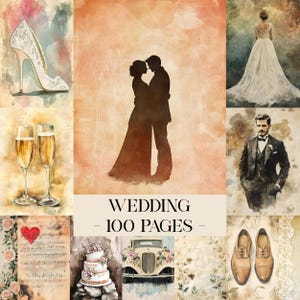 Puede incluir: Un collage de ilustraciones en acuarela con temática de boda. Las imágenes incluyen una silueta de novios, un vestido de novia, copas de champán, un zapato de tacón alto, una tarta, un coche antiguo y un par de zapatos. También está presente el texto "WEDDING - 100 PAGES -".
