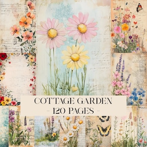 May include: A collage of floral illustrations with a vintage aesthetic. The artwork features watercolor daisies, butterflies, and other flowers. The text "COTTAGE GARDEN - 120 PAGES -" is displayed across the bottom of the image.