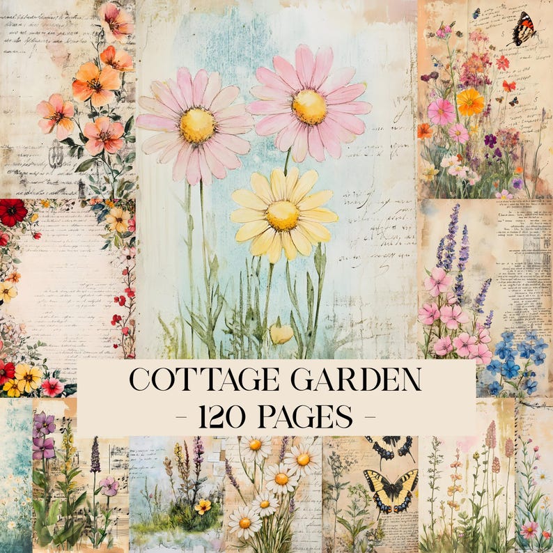 May include: A collage of floral illustrations with a vintage aesthetic. The artwork features watercolor daisies, butterflies, and other flowers. The text "COTTAGE GARDEN - 120 PAGES -" is displayed across the bottom of the image.