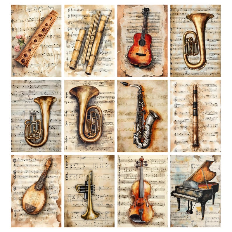 Vintage Music Junk Journal Pages, Musical Instruments Printable, Sheet ...