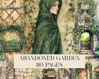 Pagine di diario di rifiuti da giardino abbandonati, kit di carta per album digitali, stampabile per giardinieri, foglio di collage di piante acquerellate, giardino botanico vintage