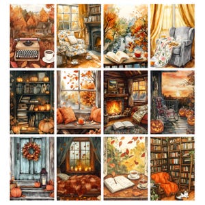 May include: Watercolor paintings depicting cozy autumn scenes. Images include a typewriter, a reading nook with a fireplace, a bookshelf with pumpkins, and a porch with jack-o'-lanterns. The color palette features warm oranges, browns, and yellows.
