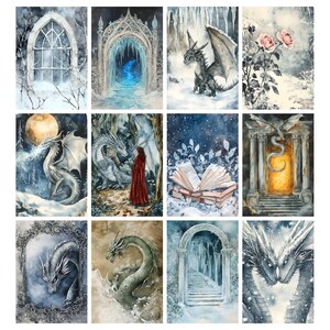 May include: A collection of twelve watercolor paintings featuring fantasy themes. Dragons, arched doorways, and winter landscapes are depicted in shades of blue, gray, and white. Some paintings include open books, roses, and a figure in a red cloak.