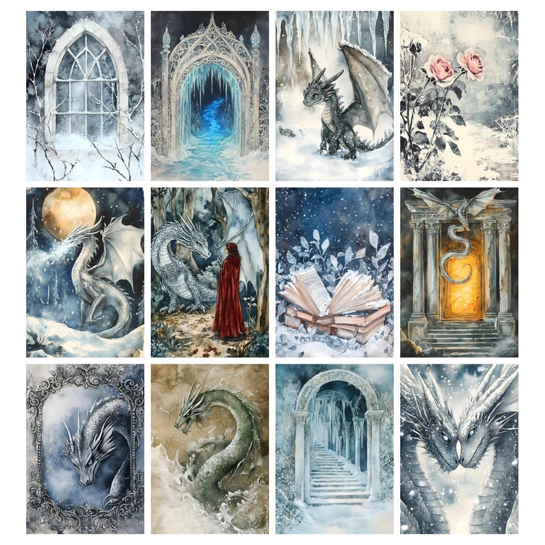 May include: A collection of twelve watercolor paintings featuring fantasy themes. Dragons, arched doorways, and winter landscapes are depicted in shades of blue, gray, and white. Some paintings include open books, roses, and a figure in a red cloak.