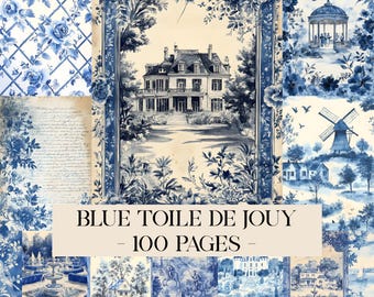 Vintage Toile De Jouy Junk Journal Kit, Vintage Blue White Journal Pages, Toile Junk Journal, Antique Ephemera, Blue Toile Scrapbook Papers