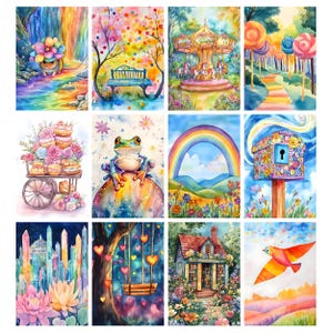 May include: A set of twelve watercolour paintings depicting fantastical scenes. The artwork includes a rainbow waterfall, a bench under a colourful tree, a carousel, a candy forest, a cart of pastries, a frog, a rainbow over a field, a birdhouse, a crystal city, a tree swing, a cottage, and a flying bird.