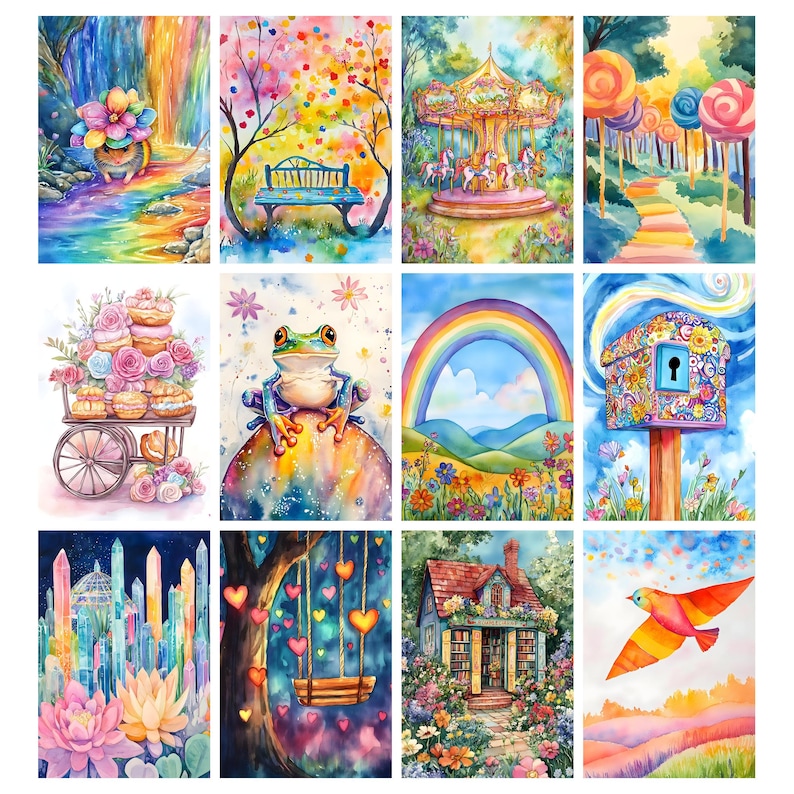 May include: A set of twelve watercolour paintings depicting fantastical scenes. The artwork includes a rainbow waterfall, a bench under a colourful tree, a carousel, a candy forest, a cart of pastries, a frog, a rainbow over a field, a birdhouse, a crystal city, a tree swing, a cottage, and a flying bird.