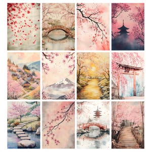 May include: A collection of watercolor paintings featuring Japanese landscapes. Each painting depicts scenes of cherry blossoms, pagodas, bridges, and mountains in shades of pink, red, and green. The artwork evokes a sense of tranquility and natural beauty.