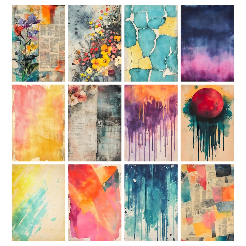 Puede incluir: Una colecci&oacute;n de doce impresiones art&iacute;sticas en acuarela. Las impresiones presentan una variedad de dise&ntilde;os abstractos, incluyendo arreglos florales, fondos texturizados y gradientes de color. La paleta de colores incluye azules, amarillos, rosas y morados, con algunos estampados que incorporan recortes de peri&oacute;dicos.