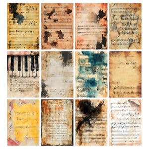 May include: A collage of twelve vintage-style musical sheets with aged paper textures. The sheets feature musical notation, with some showing piano keys. The color palette includes sepia tones, with watercolor-like splashes of color.