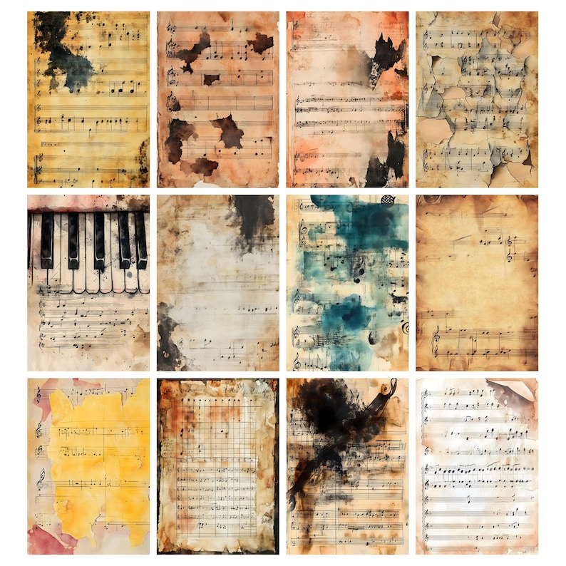 May include: A collage of twelve vintage-style musical sheets with aged paper textures. The sheets feature musical notation, with some showing piano keys. The color palette includes sepia tones, with watercolor-like splashes of color.