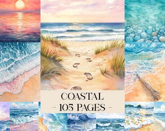 Coastal Junk Journal Pages, Digital Beach Themed Scrapbook Papers, Printable Coastal Collage Sheet, Vintage Nautical Junk Journal Kit, Sea