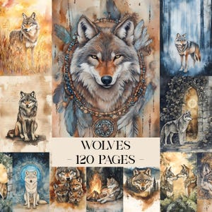 May include: A collection of watercolor illustrations featuring wolves in various settings. The images showcase wolves in forests, fields, and close-up portraits. The text "WOLVES - 120 PAGES" is displayed in the center of the image.