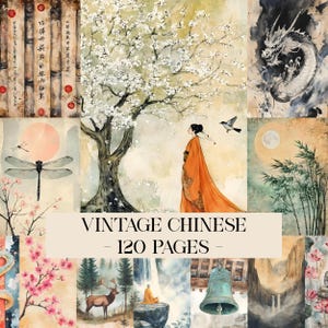 May include: A collage of watercolor illustrations with a vintage Chinese theme. The images include a woman in an orange robe, a dragon, a tree with white blossoms, and the text "VINTAGE CHINESE - 120 PAGES".