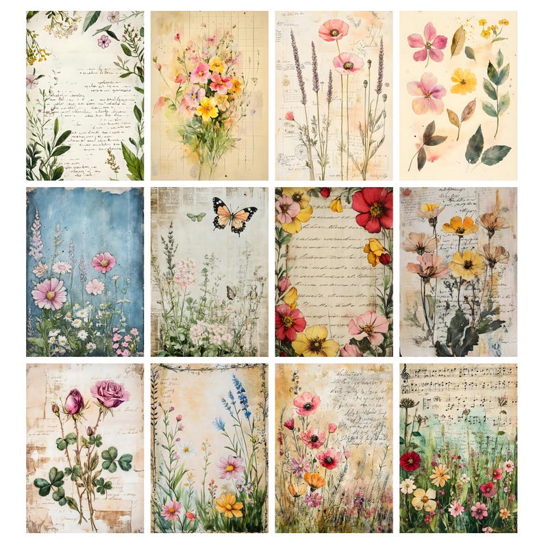 May include: A collection of twelve botanical art prints featuring watercolor illustrations of various flowers, plants, and butterflies. The prints showcase a vintage aesthetic with aged paper backgrounds and handwritten script elements, in a variety of colors.