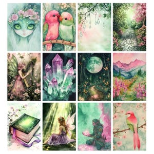 May include: A collection of watercolor art prints featuring fantasy themes. The prints depict fairies, crystals, birds, and landscapes in soft pastel colors. Each print has a unique design, with a focus on nature and whimsical elements.