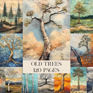 Puede incluir: Una colección de nueve representaciones artísticas de árboles, cada una con un estilo y paleta de colores únicos. La obra de arte incluye una variedad de tipos de árboles, desde altos pinos hasta ramas desnudas, sobre fondos texturizados. Se muestra el texto "OLD TREES - 120 PAGES -".