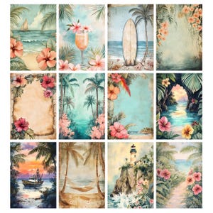 May include: A collection of twelve rectangular wall art prints featuring tropical coastal scenes, including sailboats, surfboards, hibiscus flowers, palm trees, a lighthouse, a hammock, and a fishing boat, all rendered in a soft watercolor style.
