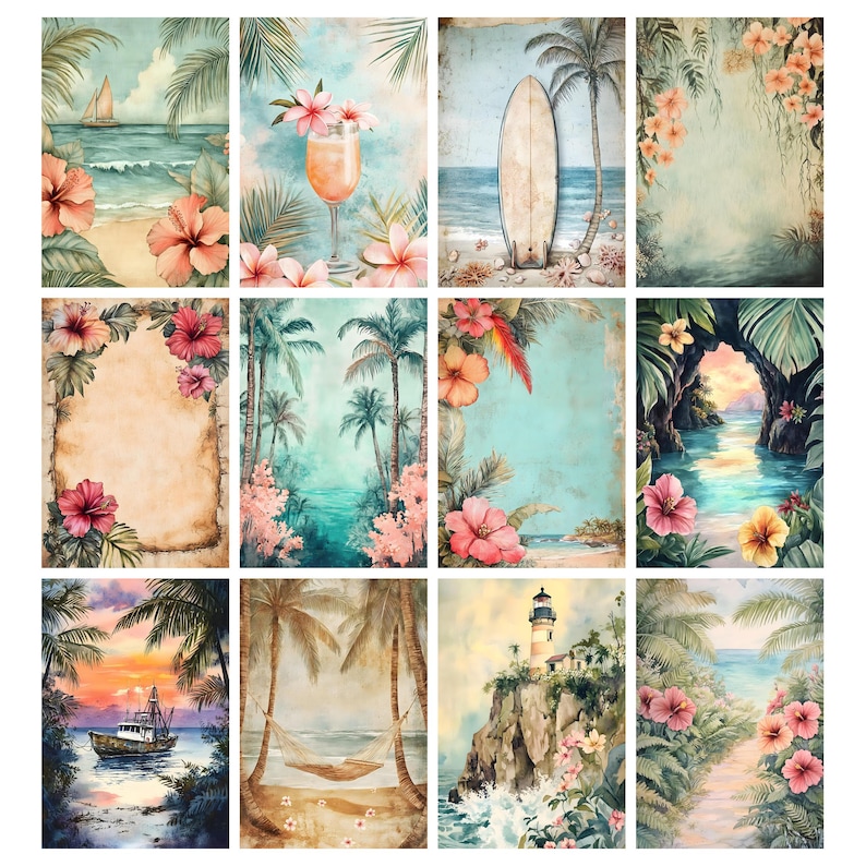 May include: A collection of twelve rectangular wall art prints featuring tropical coastal scenes, including sailboats, surfboards, hibiscus flowers, palm trees, a lighthouse, a hammock, and a fishing boat, all rendered in a soft watercolor style.