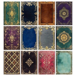 Puede incluir: Una colecci&oacute;n de doce dise&ntilde;os rectangulares con marcos y adornos dorados. Los fondos var&iacute;an en color, incluyendo verde azulado, azul marino, marr&oacute;n, p&uacute;rpura y rojo, con patrones florales y geom&eacute;tricos.
