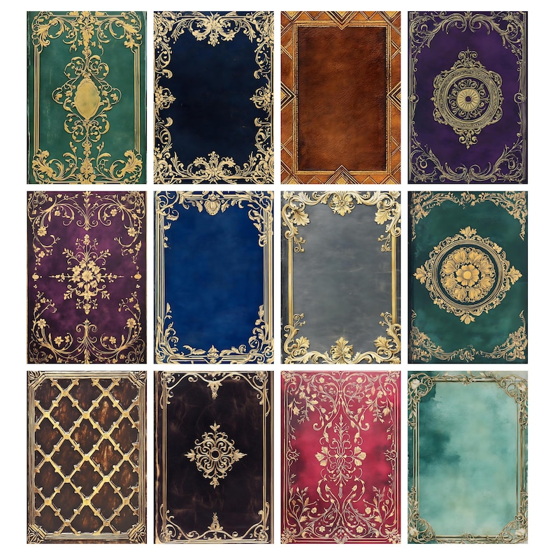 Puede incluir: Una colecci&oacute;n de doce dise&ntilde;os rectangulares con marcos y adornos dorados. Los fondos var&iacute;an en color, incluyendo verde azulado, azul marino, marr&oacute;n, p&uacute;rpura y rojo, con patrones florales y geom&eacute;tricos.