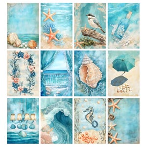 Op de afbeelding: Een verzameling van twaalf aquarel schilderijen met een kustthema. Elk schilderij toont elementen zoals schelpen, zeesterren, vogels en oceaansc&egrave;nes in tinten blauw, beige en wit. Het kunstwerk roept een serene, strandachtige sfeer op.