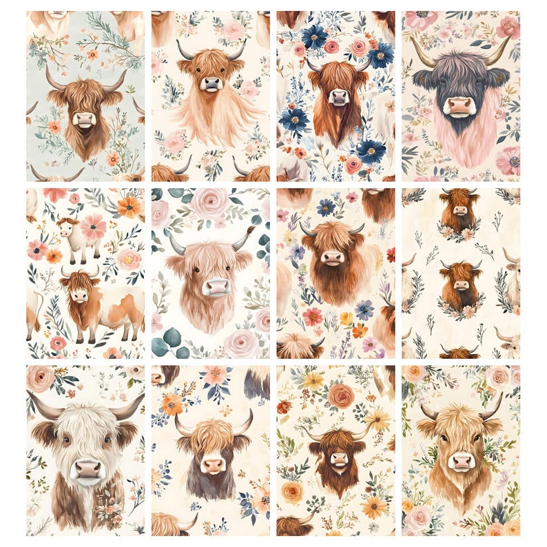 May include: A collection of watercolor illustrations featuring Highland cows with floral backgrounds. Each image showcases a different cow, with varying colors and floral arrangements, including roses and wildflowers. The overall color palette is soft and pastel.
