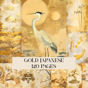 May include: A collage of gold-toned Japanese-themed art prints. The central image features a crane with a long neck and beak, set against a golden background with a large sun. The text "GOLD JAPANESE - 120 PAGES -" is displayed at the bottom.