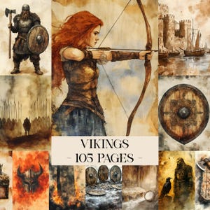 Puede incluir: Un collage de ilustraciones en acuarela con temática vikinga. Las imágenes incluyen un guerrero con un hacha, una mujer con arco y flechas, escudos, un barco vikingo y el texto "VIKINGS - 105 PAGES". La paleta de colores está dominada por marrones, azules y naranjas.