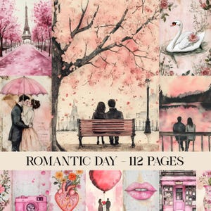 Romantic Day Junk Journal Pages, Digital Paper, Junk Journal Kit, Scrapbook, Memories, Couple, Love, Printable Images, Pink, Digital Journal