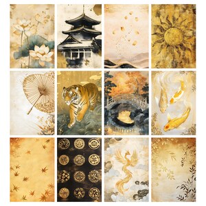 May include: A collection of twelve rectangular art prints featuring Japanese-inspired designs. The prints showcase various scenes, including a pagoda, lotus flowers, a tiger, koi fish, and a phoenix, all rendered in a gold and sepia color palette.