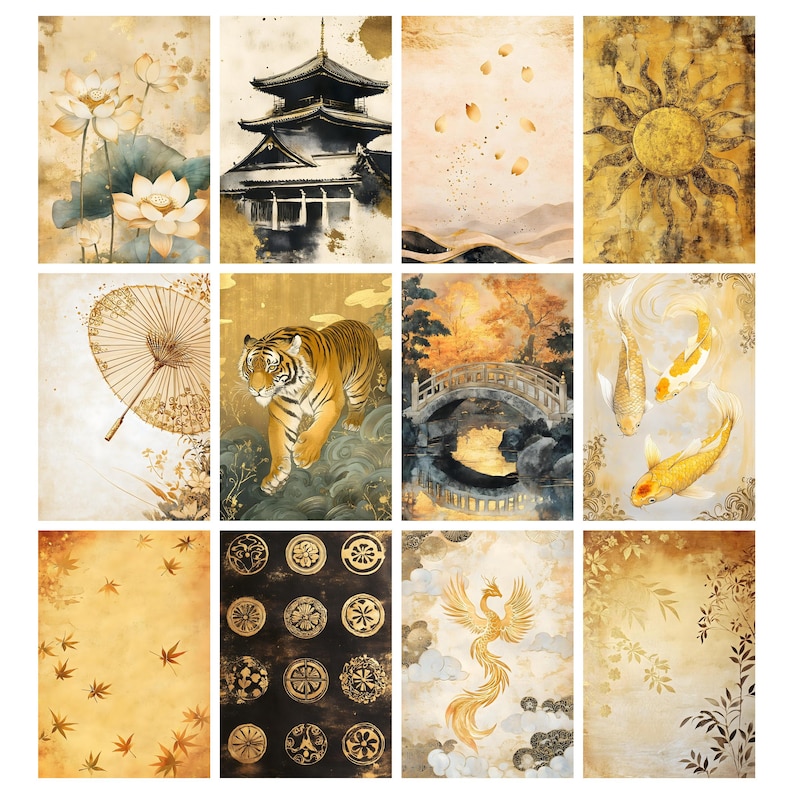May include: A collection of twelve rectangular art prints featuring Japanese-inspired designs. The prints showcase various scenes, including a pagoda, lotus flowers, a tiger, koi fish, and a phoenix, all rendered in a gold and sepia color palette.