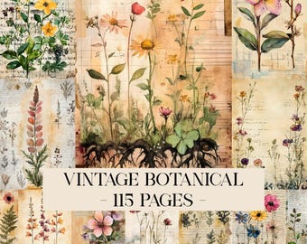 Vintage Botanisches Junk Journal Kit, gealterte Natur Pflanze druckbare Ephemera, Kräuter druckbares Scrapbook Collage Sheet Papier, Apothekerpapiere