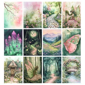May include: A collection of watercolor paintings featuring whimsical scenes. The artwork includes a fairy playing a harp, a path through a forest, a butterfly, a house, and a crystal formation. The color palette is soft, with pinks, greens, and blues.