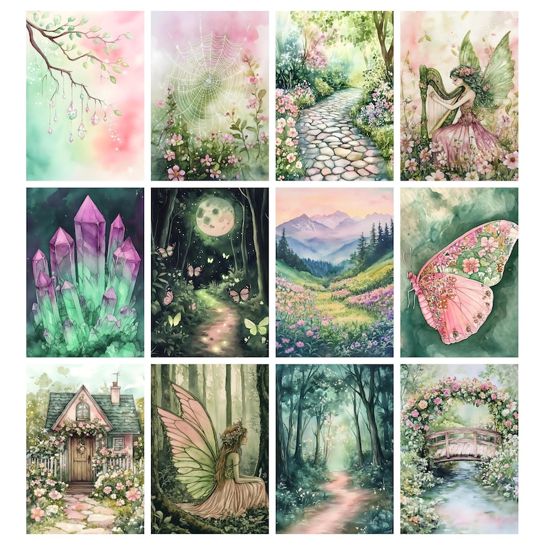 May include: A collection of watercolor paintings featuring whimsical scenes. The artwork includes a fairy playing a harp, a path through a forest, a butterfly, a house, and a crystal formation. The color palette is soft, with pinks, greens, and blues.