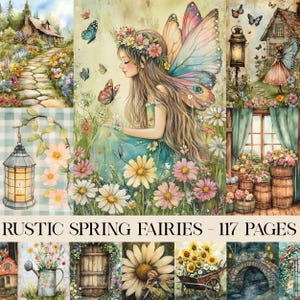 Könnte beinhalten: Aquarellillustrationen von Feen, Blumen und Cottages. Das zentrale Bild zeigt eine Fee mit Schmetterlingsflügeln, umgeben von Gänseblümchen. Der Text "RUSTIC SPRING FAIRIES - 117 PAGES" ist zu sehen. Die Kunstwerke haben eine weiche, pastellfarbene Farbpalette.