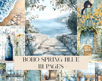 Boho Spring Blue Vintage Scrapbook and Junk Journal Kit, Retro Cottage Countryside, Ocean, Animal, Landscape, Floral, Ephemera Digital Paper