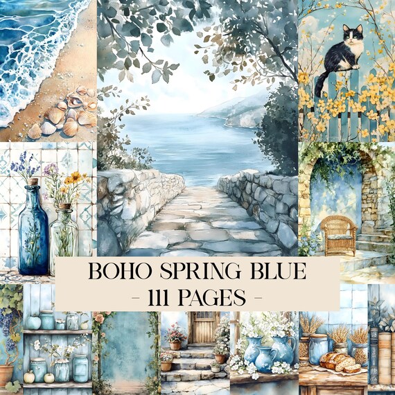 Boho Spring Blue Vintage Scrapbook and Junk Journal Kit, Retro Cottage Countryside, Ocean, Animal, Landscape, Floral, Ephemera Digital Paper