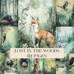 Op de afbeelding: Een verzameling aquarel illustraties met bosdieren en -scènes. De afbeeldingen bevatten een vos, beer, wolf en andere dieren in het wild. De tekst "LOST IN THE WOODS - 112 PAGES -" wordt in het midden van de afbeelding weergegeven.
