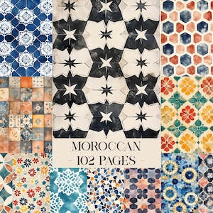 May include: A collage of various Moroccan tile patterns in shades of blue, orange, and white. The central tile design features a starburst pattern in black and white. The text "MOROCCAN - 102 PAGES" is displayed.
