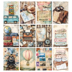 May include: A collage of watercolor illustrations featuring travel-themed elements. Images include a blue van with books, a map with a hat and coffee, a vintage airplane, a globe with suitcases, a typewriter, a compass, stacked suitcases, a train, a hot air balloon, and stamps.